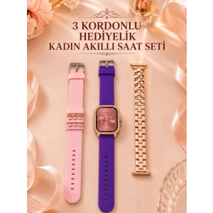 3 Kordonlu Rose Gold Kasalı Kadın Akıllı Saat Seti