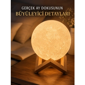 3d Ay Gece Lambası Ahşap Standlı Dekoratif Led Masa Lambası