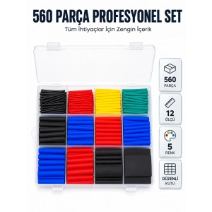 560 Parça Kablo İzolasyon Makaron Seti 12 Ölçü 5 Renk Heat Shrink Tube Organizer Kutulu