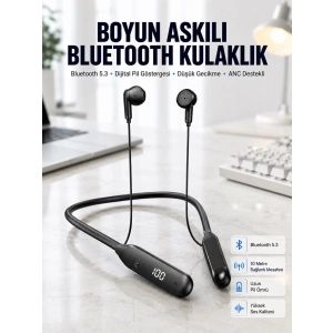 60 Saat Kablolu Boyun Askılı Dijital Göstergeli Bluetooth Kulaklığı Yeni Nesil