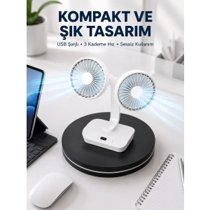 720° Döner Çift Taraflı Masaüstü Vantilatör – Usb Şarjlı Sessiz Fan