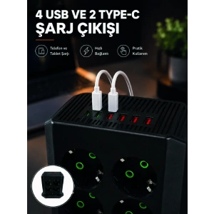 8li Dikey Çoklu Priz 4 Usb 2 Type-c Akım Korumalı Anahtarlı Priz