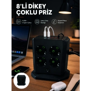 8li Dikey Çoklu Priz 4 Usb 2 Type-c Girişli Akım Korumalı Uzatma Prizi