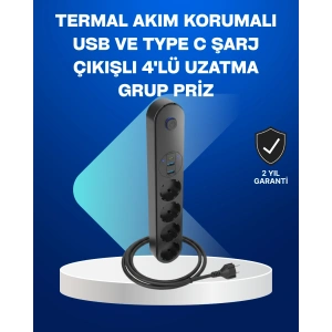 Akıllı Akım Dengelemeli 4’lü Çoklu Priz Type-c Ve Usb Çıkışlı