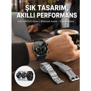 Akıllı Saat Çoklu Kordon Seçeneği Amoled Ekran Çok Fonksiyonlu Bluetooth Bağlantılı Yeni Nesil