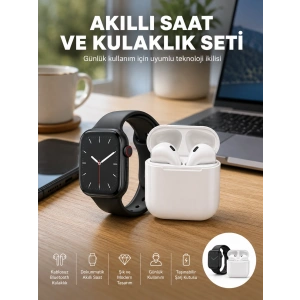 Akıllı Saat Gümüş Kasa Bluetooth Kulaklık Hediyeli Çok Fonksiyonlu İkili Set