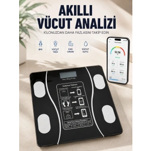 Akıllı Vücut Analiz Baskülü Bluetooth Bağlantılı 4 Sensörlü Lcd Ekranlı Dijital Tartı