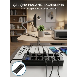 Akım Korumalı 10lu Çoklu Priz Usb-a Ve Type-c Şarj Çıkışlı