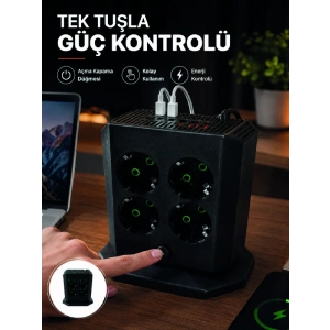 Akım Korumalı 8li Dikey Priz 4 Usb 2 Type-c Hızlı Şarj Destekli Çoklu Priz