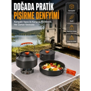Alüminyum Kamp Pişirme Seti Katlanabilir Kulplu Çaydanlık Tencere Tava Outdoor Yemek Seti