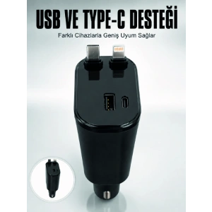 Araç Çakmaklık Şarj Cihazı 120w Type-c & Lightning Kablolu Çoklu Hızlı Şarj İstasyonu