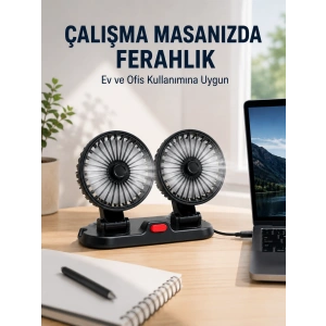 Araç Ve Ev Kullanımına Uygun Çift Başlıklı Masaüstü Vantilatör