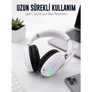 Beyaz Bluetooth 5.0 Mikrofonlu Kablosuz Kulak Üstü Kulaklık Rgb Işıklı Type-c Şarjlı