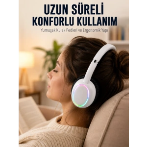 Beyaz Kablosuz Bluetooth Kulaklık Mikrofonlu Ergonomik Kulak Üstü Tasarım