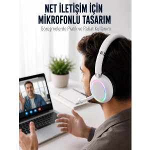 Bluetooth 5.0 Beyaz Kulak Üstü Kablosuz Kulaklık Mikrofonlu Rgb Aydınlatmalı