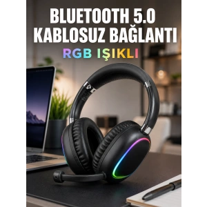 Bluetooth 5.0 Kablosuz Kulak Üstü Kulaklık Mikrofonlu Rgb Aydınlatmalı