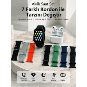 Bluetooth Görüşme Destekli Akıllı Saat Seti Kablosuz Kulaklık, 7 Kordon Ve Çoklu Spor Modu