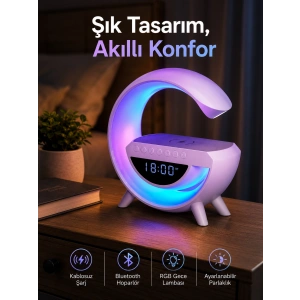 Bluetooth Hoparlör 15w Kablosuz Hızlı Şarj Led Gece Lambası