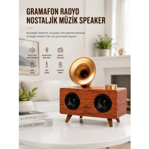 Bluetooth Nostalji Speaker Radyo Gramofon Ahşap Renk Vintage Yeni Nesil