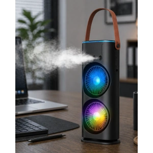 Çift Başlıklı Taşınabilir Fan Rgb Işıklı Sprey Nemlendiricili Masaüstü Serinletici Fan