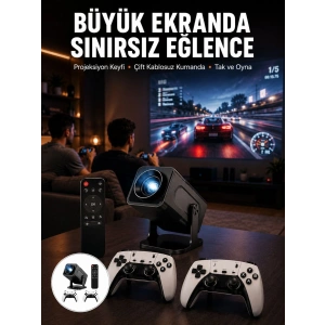 Çift Kollu Game Box Projeksiyon Cihazı Kumandalı Android Tv Dahili Hoparlör Yeni Nesil