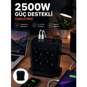 Çoklu Priz 8 Çıkışlı 4 Usb 2 Type-c Anahtarlı Dikey Priz Kulesi