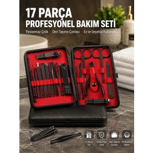 Deri Çantalı Siyah Paslanmaz Çelik 17 Parça Manikür Pedikür Seti