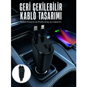 Dijital Voltaj Göstergeli Araç Şarj Cihazı Geri Çekilebilir Kablolu 4 Portlu Hızlı Şarj Adaptörü