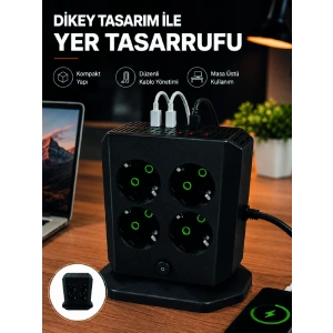 Dikey Priz Kulesi 8 Ac Priz 4 Usb 2 Type-c Çocuk Korumalı Güç Dağıtıcı