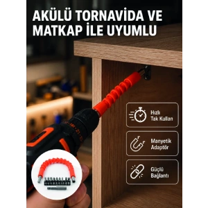 Esnek Bits Uç Seti 12 Parça Manyetik Adaptörlü Matkap Tornavida Aksesuarı