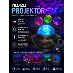 Galaxy Efektli Led Gece Lambası Projektörü Bluetooth Bağlantılı