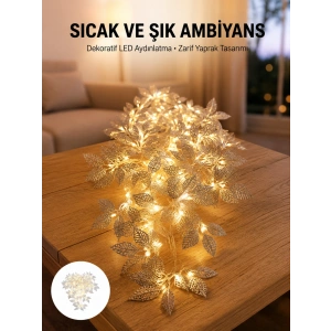 Gümüş Yaprak Tasarımlı Led Işık Pilli Ev Ve Vitrin Dekoru