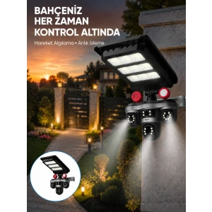 Güneş Enerjili 3 Lens Akıllı Güvenlik Kamerası Led Projektörlü Dış Mekan Koruma Sistemi