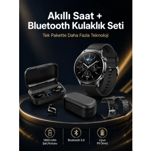 Kablosuz Bluetooth Kulaklık Ve Kordon Hediyeli Akıllı Saat Nabız Ölçer Uzun Pil Ömrü