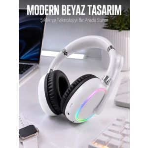 Kablosuz Bluetooth Mikrofonlu Beyaz Kulaklık  Rgb Işıklı