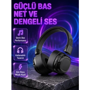 Kablosuz Kulak Üstü Bluetooth Kulaklık Güçlü Bas Ve Katlanabilir Tasarım