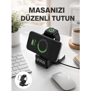 Kablosuz Şarjlı Dijital Masa Saati – 3 Parlaklık Seviyeli Led, Hızlı Şarj, Apple Uyumlu Yeni Nesil