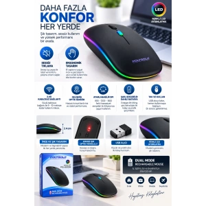 Kablosuz Şarjlı Sessiz Tıklamalı Ergonomik Mouse