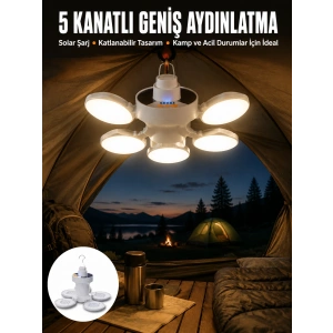 Kamp Lambası Işıldak Beyaz Işık Güneş Enerjili Solar Aydınlatma 5 Kanatlı Katlanabilir Yeni Nesil