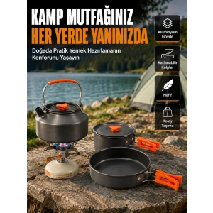 Katlanabilir Kulplu Alüminyum Kamp Tencere Tava Çaydanlık Seti Piknik Ve Doğa Kampı İçin