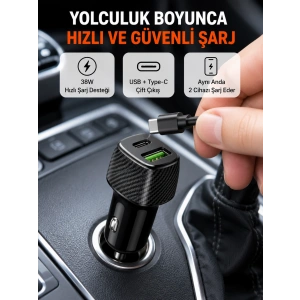 Kompakt Tasarımlı Type-c + Usb Girişli Araç Şarj Başlığı