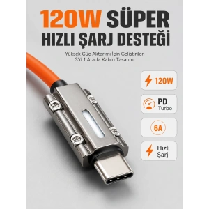 Led Göstergeli 120w Pd Turbo Destekli Premium 3ü 1 Arada Şarj Kablosu