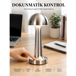 Mantar Masa Lambası Dokunmatik 3 Renk Işık Şarjlı Kablosuz Modern Krom Tasarım Yeni Nesil