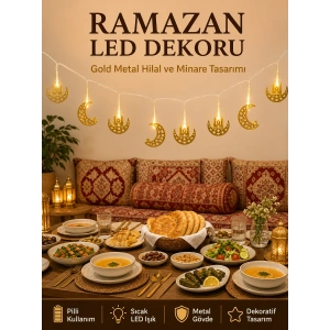 Minareli Hilal Led Işık Gold Metal Gövdeli Pilli Ramazan Dekoru