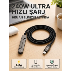 Örgülü 240w Type-c Katlanabilir Telefon Standlı Şarj Kablosu