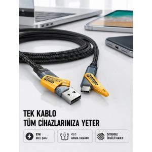 Örgülü Tasarım 4’ü 1 Arada Usb-c Lightning Hızlı Şarj Kablosu
