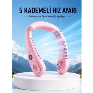 Pembe Taşınabilir Boyun Fanı Ergonomik Tasarım Çok Kademeli Hava Akışı