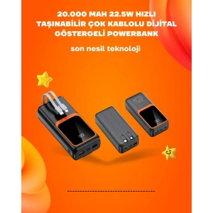 Powerbank 20000 Mah | 22.5w Hızlı Şarj, Dahili Kablolu, Lcd Ekranlı Şarj Cihazı