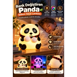 Renkli Işık Modlu Silikon Panda Gece Lambası Dokunmatik Kontrollü Sevimli Dekoratif
