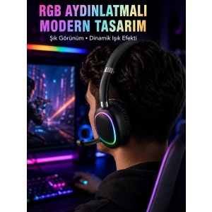 Rgb Işıklı Bluetooth Mikrofonlu Kulaklık Uzun Süreli Kullanım Type-c Şarjlı